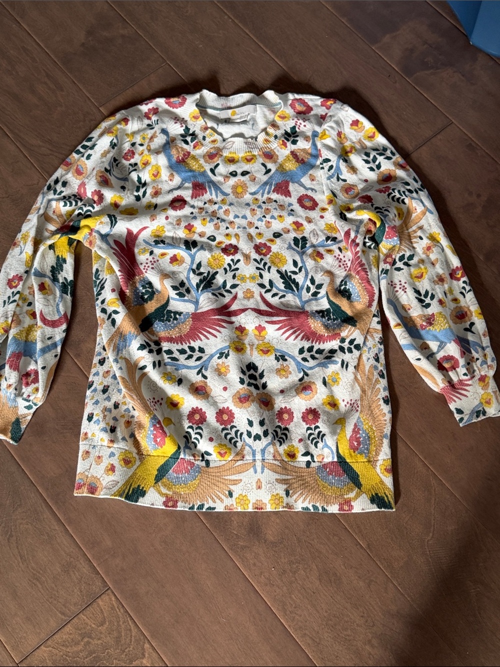 Boden Floral & Bird Sweater in White, Yellow, Blue